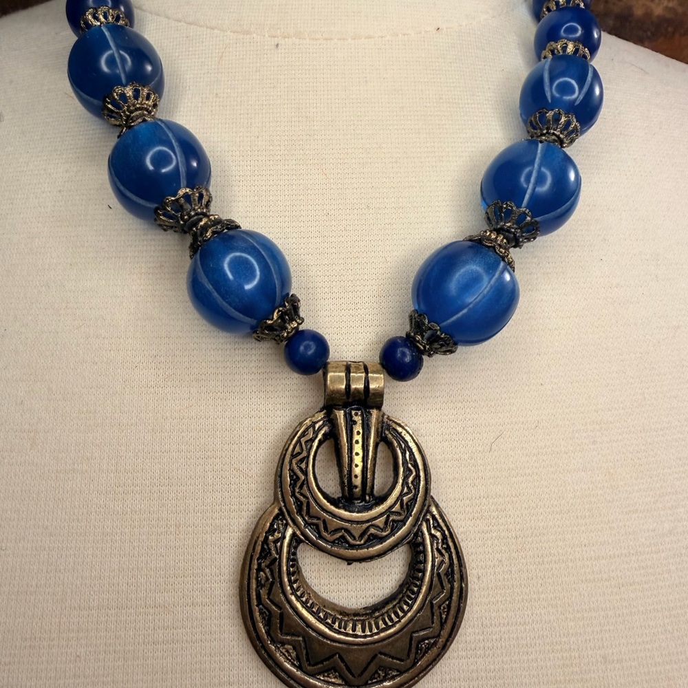 Royal Blue Beaded Necklace with Vintage Gold Pendant